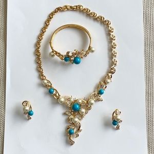 Natural Turquoise Rhinestone Faux Pearl Gold Colour Necklace, Bracelet, Earrings